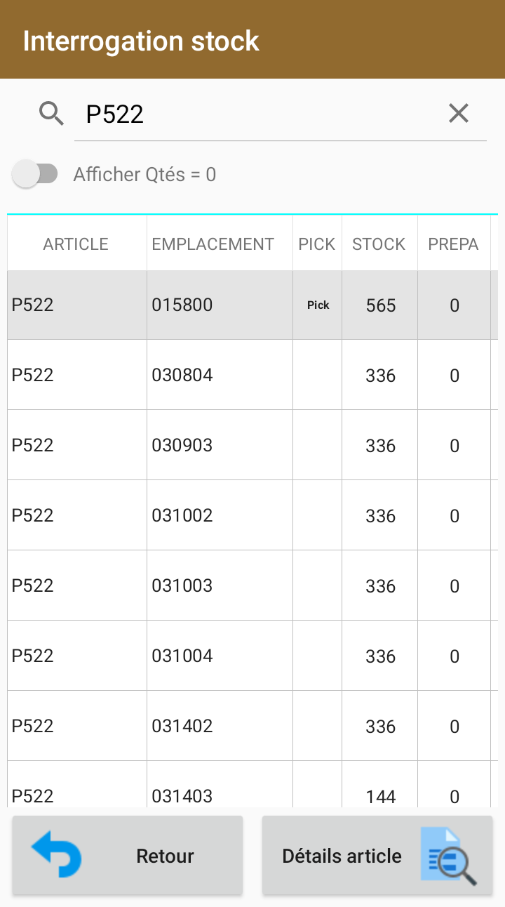 Interrogation de stock de l'article P522 : liste des emplacements et quantités