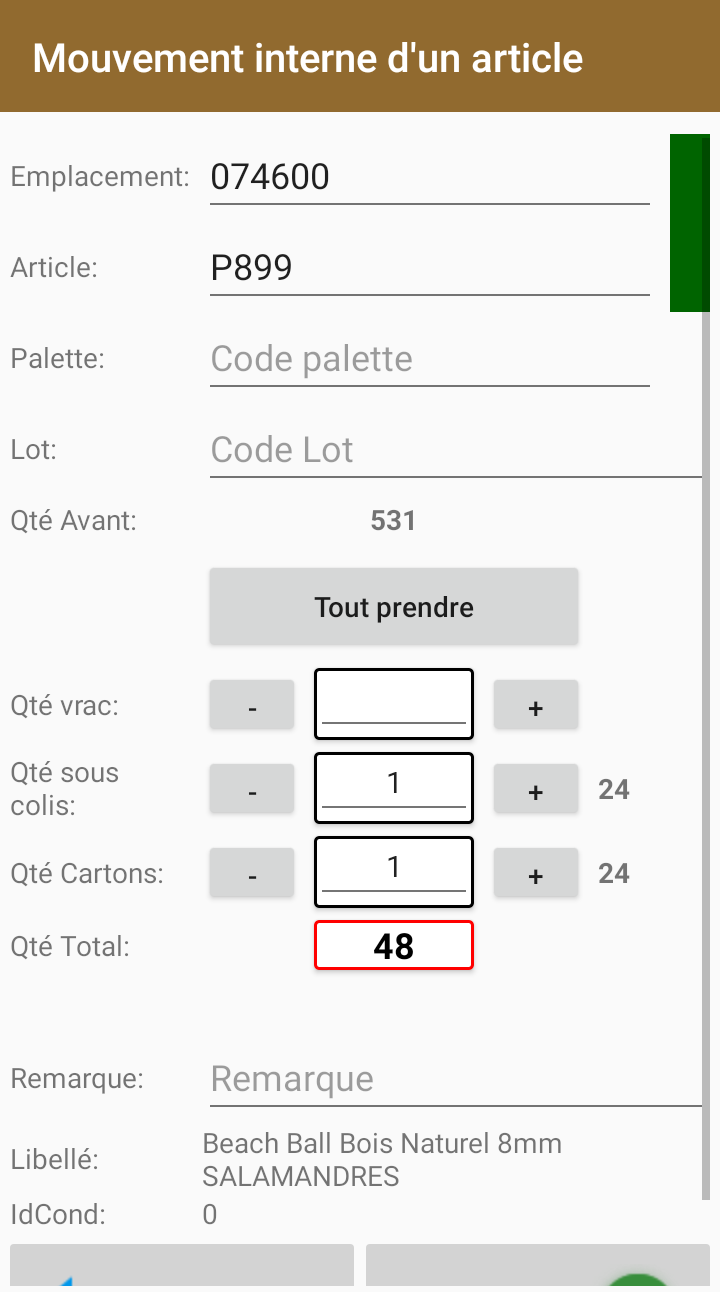Mouvement interne d'un article