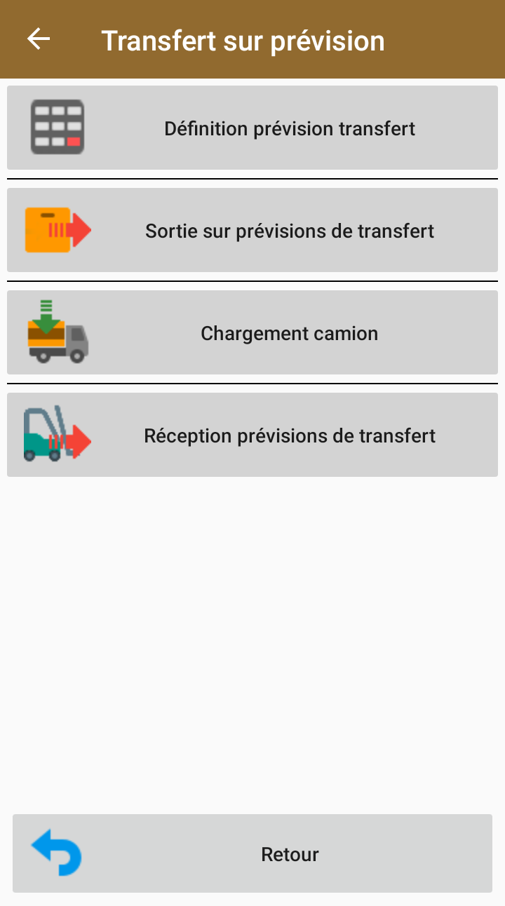 Menu Transfert sur prévision : définition, sortie, chargement camion, réception